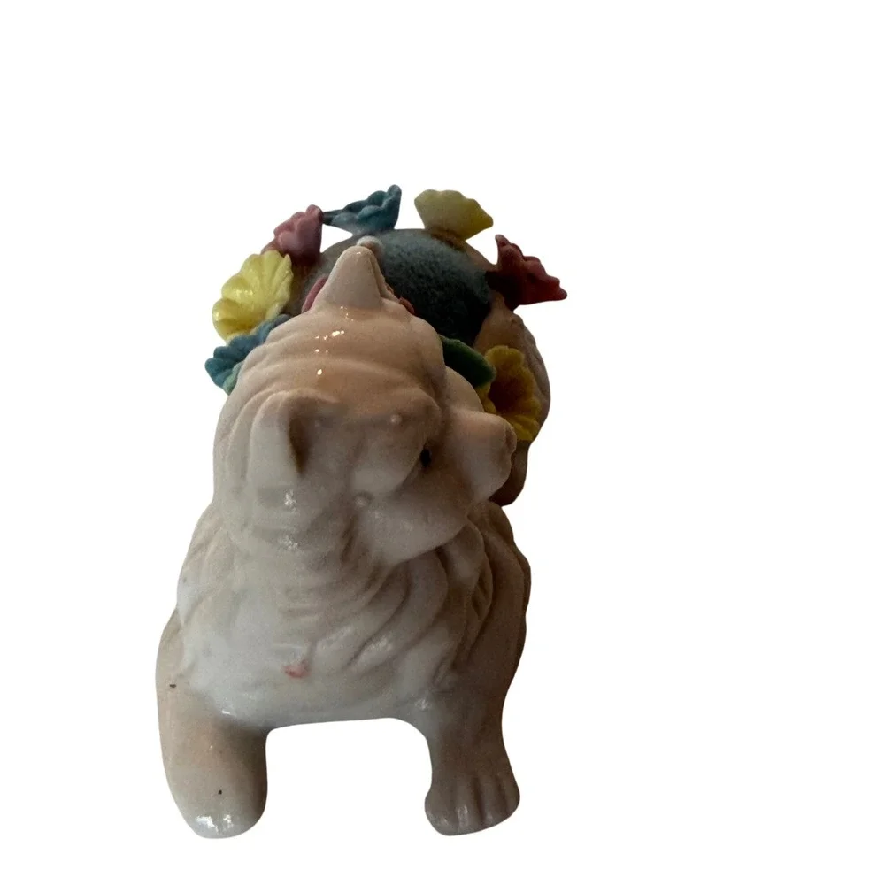 Vintage Ceramic White Cat Pincushion Floral Blue Pillow‎ 1978 Gift Notations